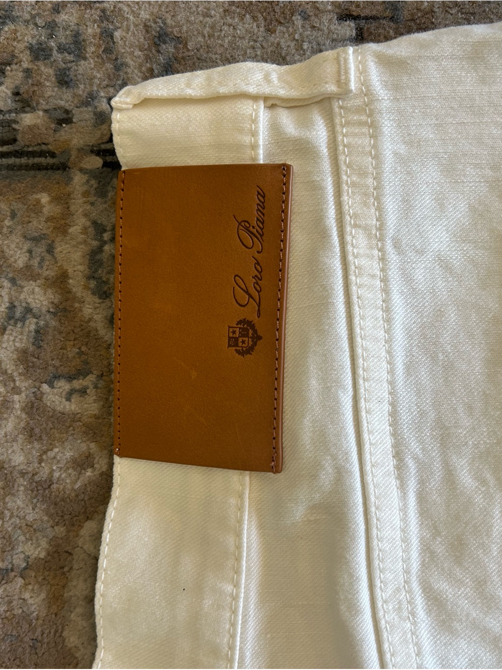 Loro Piana Straight Leg White Jeans With Tan Leather Patch